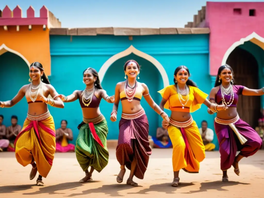 Danza vibrante de la comunidad Siddi en un mercado indio, mostrando la influencia del legado africano en India con colores y patrones cautivadores