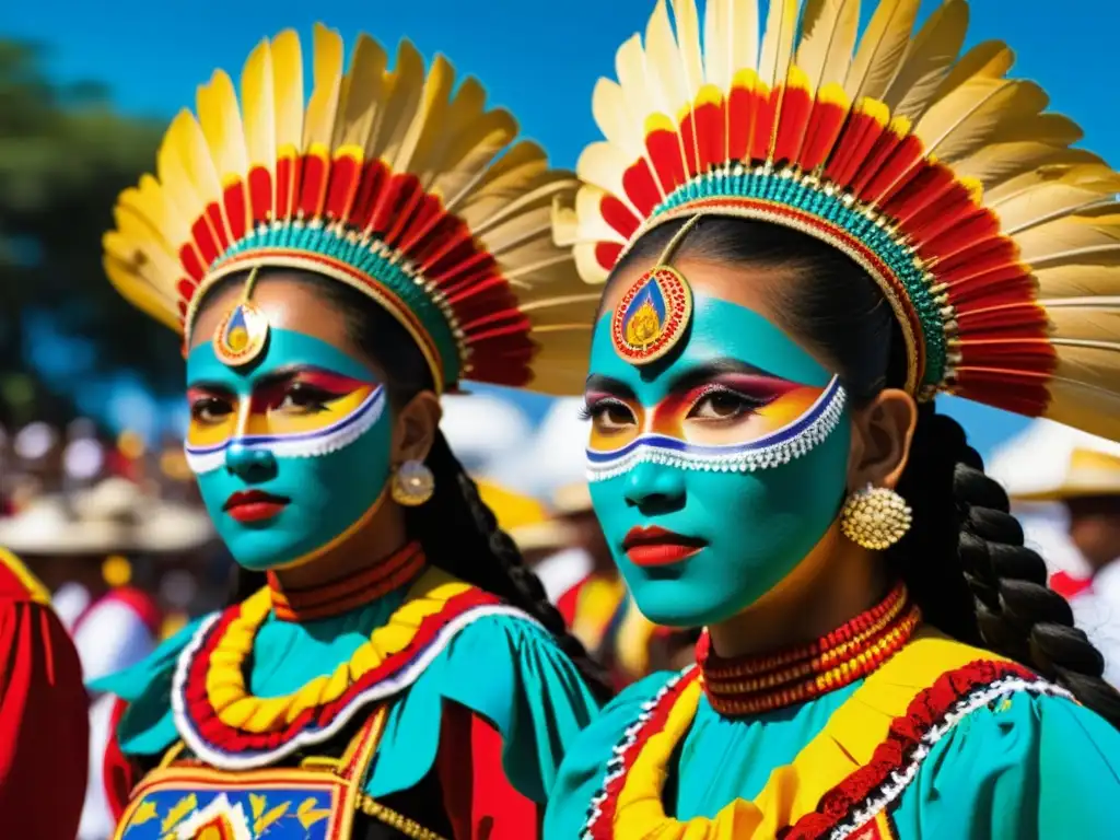 Danza de los Voladores de Papantla: Detalles coloridos y simbólicos de los trajes de los voladores, con bordados, plumas y tocados vibrantes