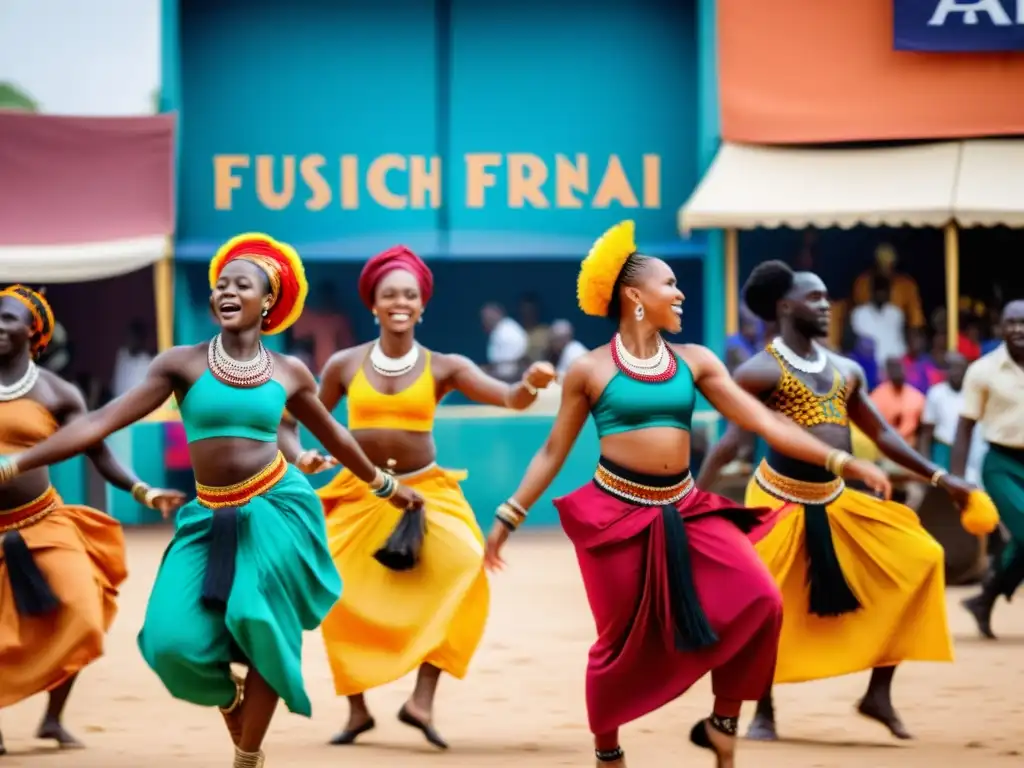 Danzarines africanos celebrando tradiciones con impacto del francés en vibrante mercado oeste africano