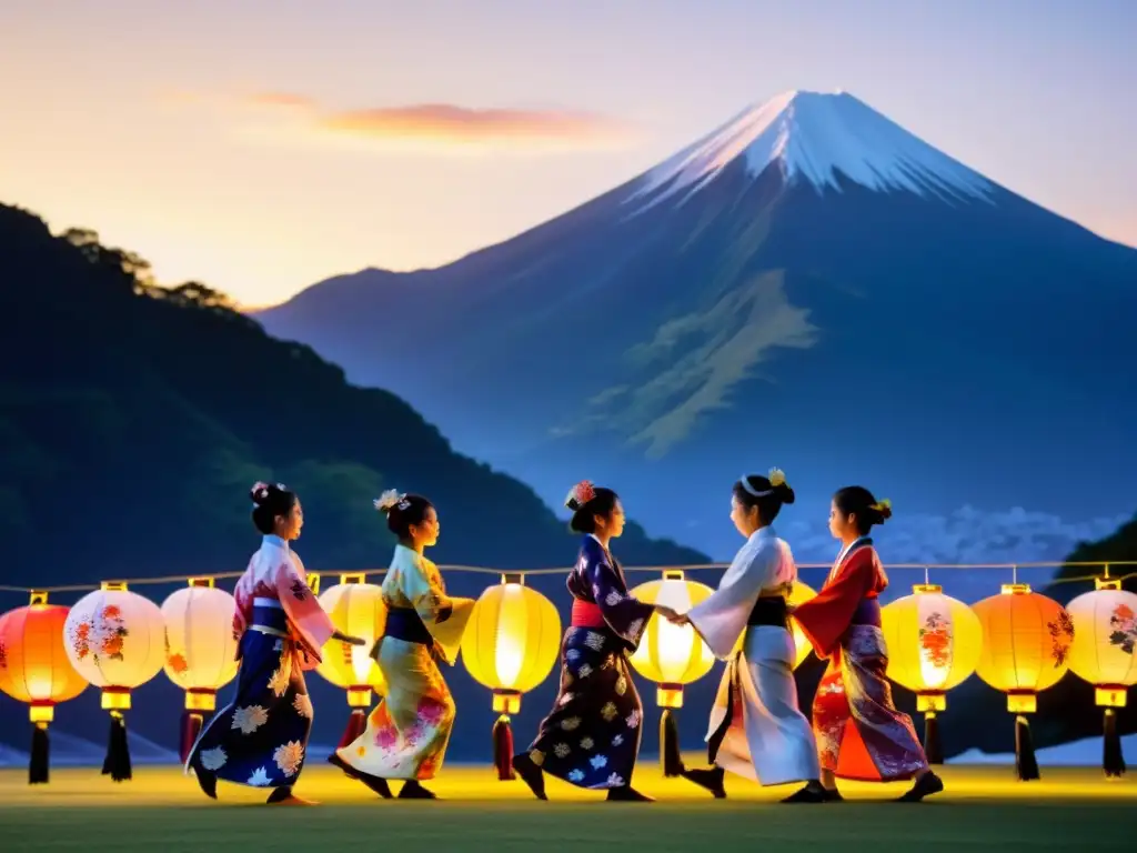 Danzas Hokkai Bon Odori Japón: Grupo de bailarines en yukatas coloridos, moviéndose graciosamente bajo la cálida luz de faroles al atardecer, con la silueta de una majestuosa montaña nevada al fondo