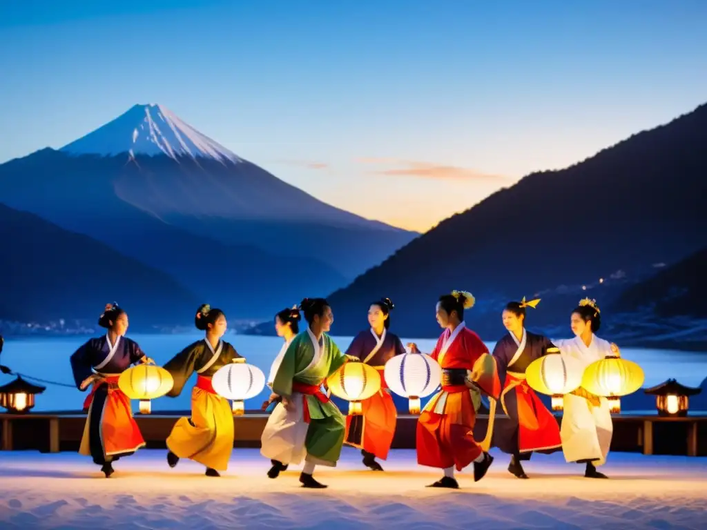 Danzas Hokkai Bon Odori Japón: Grupo de bailarines en trajes vibrantes, danzando bajo linternas al atardecer, con montañas nevadas de fondo