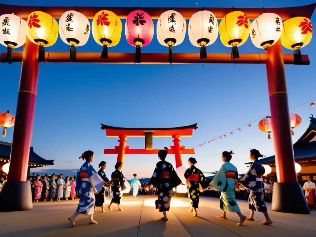 Danzas Hokkai Bon Odori Japón: Grupo de bailarines japoneses en yukatas vibrantes bajo el cielo nocturno, rodeados de festivales y una puerta torii