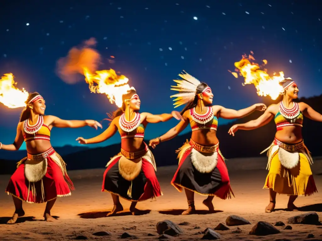 Danzas indígenas América Latina: Grupo de bailarines indígenas realizando una danza ceremonial alrededor de una fogata bajo el cielo estrellado