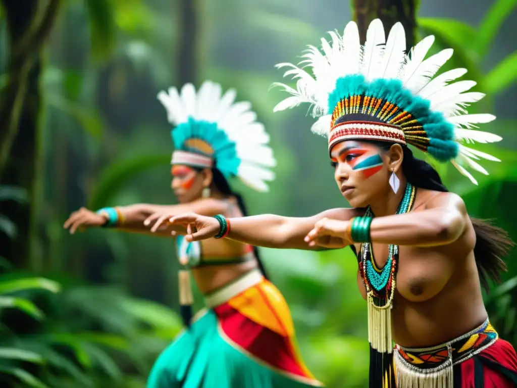 Danzas indígenas América Latina: Grupo de bailarines con trajes tradicionales y plumas, danzando en la selva exuberante