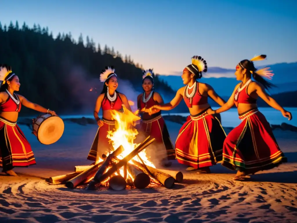 Danzas indígenas América Latina: Grupo de bailarines vistiendo trajes tradicionales, danzando alrededor de una fogata al atardecer