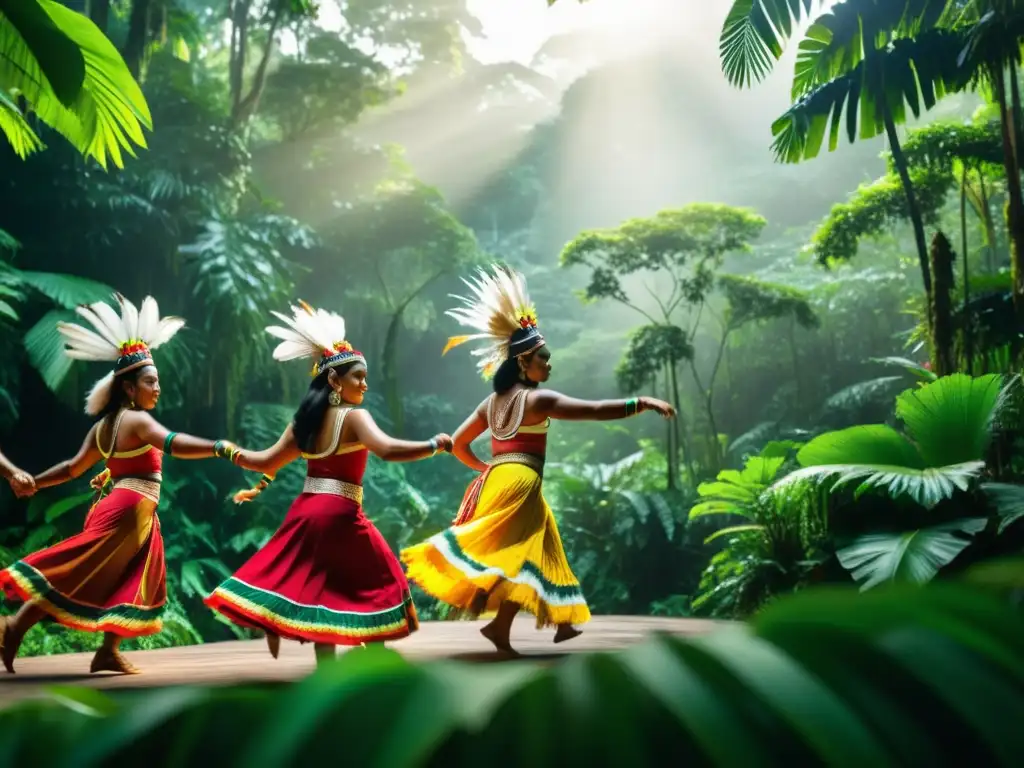 Danzas indígenas América Latina: Grupo de bailarines en trajes vibrantes realizando una danza ceremonial en la exuberante selva