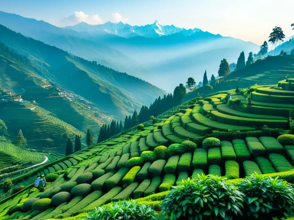 Plantación de té de Darjeeling: historia y cultura de la India en una escena cautivadora de terrazas verdes y trabajadores recolectando hojas de té