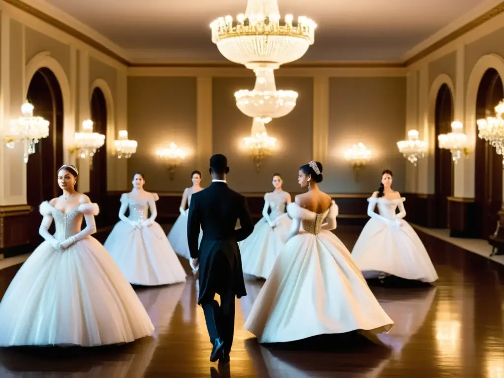 Debutantes en elegantes vestidos de gala practican el vals bajo la atenta mirada de su instructora en un lujoso salón de baile