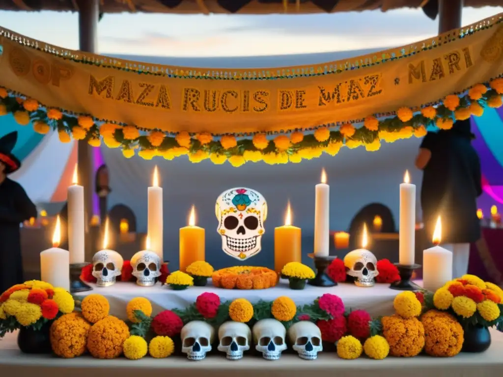 Altar de Día de los Muertos: Danza y Tradición en México Decorado altar del Día de los Muertos en México con danza de los muertos, calaveras de azúcar y ofrendas, en vibrante atmósfera tradicional