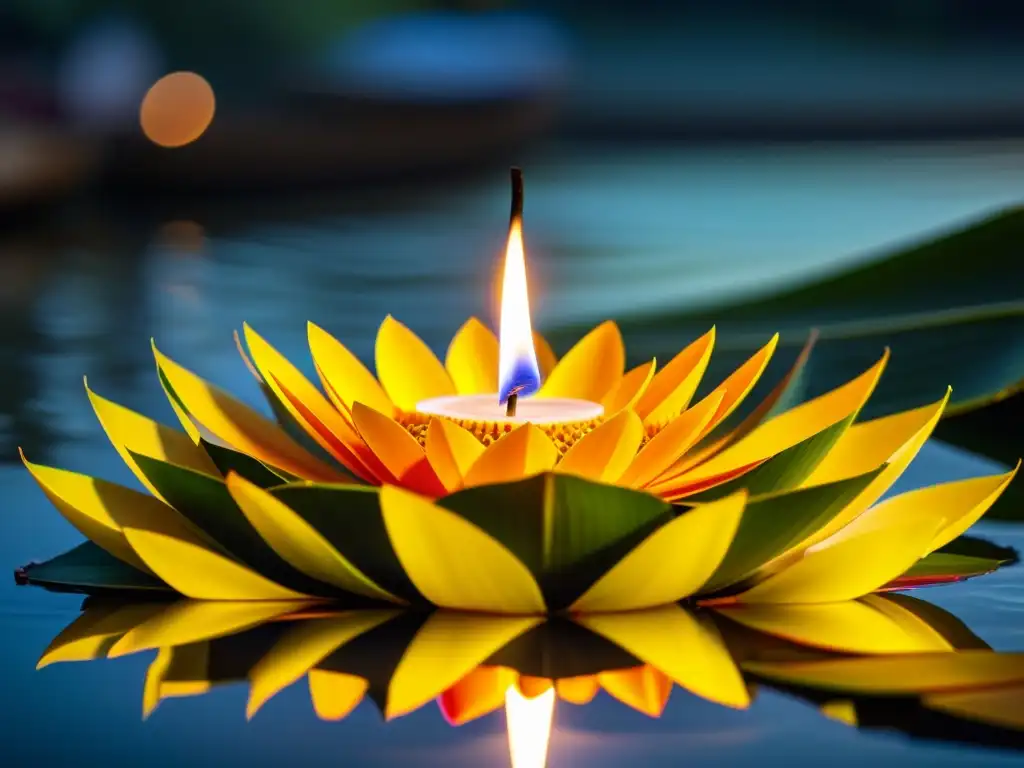 Krathong bellamente decorado flota en el agua durante la festividad tradicional de Loi Krathong en Tailandia, rodeado de luz cálida y reflejos de linternas coloridas