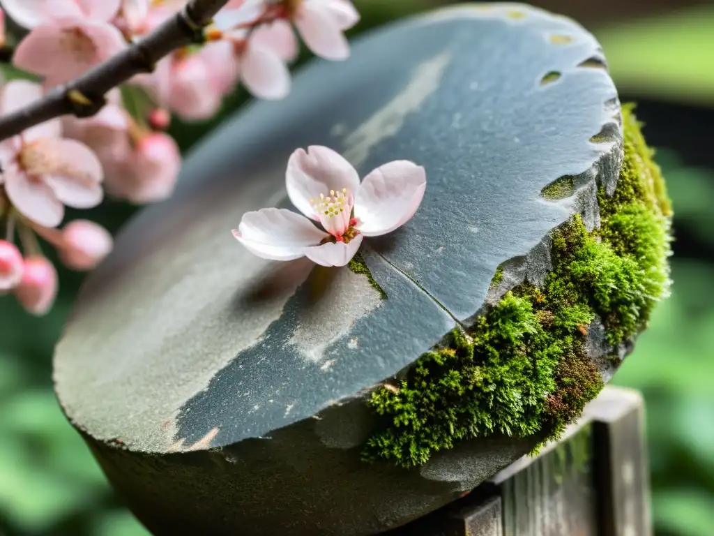 Una delicada pétalo de flor de cerezo reposa sobre una antigua linterna de piedra en un jardín japonés, evocando la belleza y tranquilidad atemporal