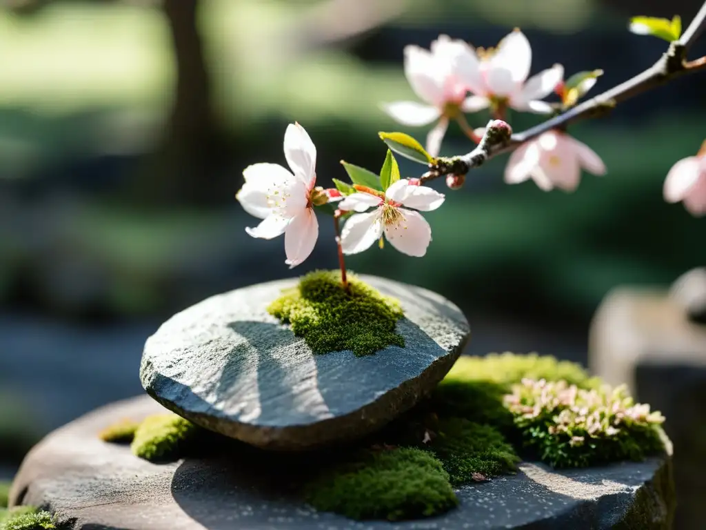 Un delicado pétalo de flor de cerezo reposa sobre una antigua linterna de piedra en un jardín japonés