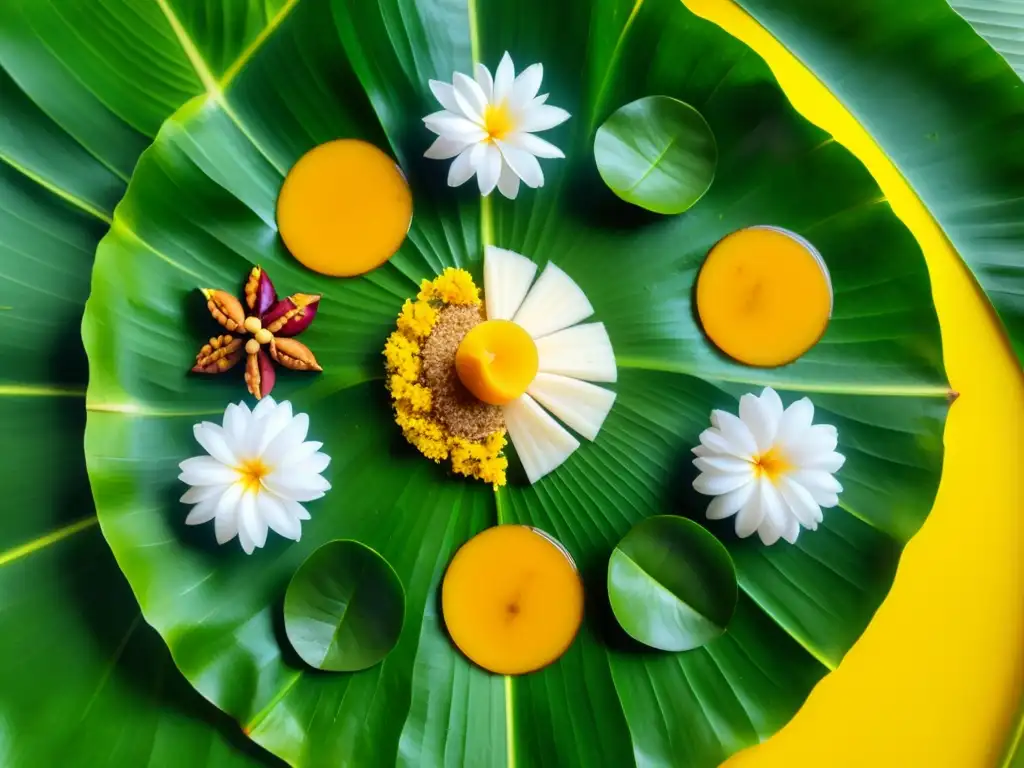 Delicias culinarias de Ugadi Andhra Karnataka: Detalle vibrante y detallado de un Pachadi tradicional de Ugadi en hoja de plátano