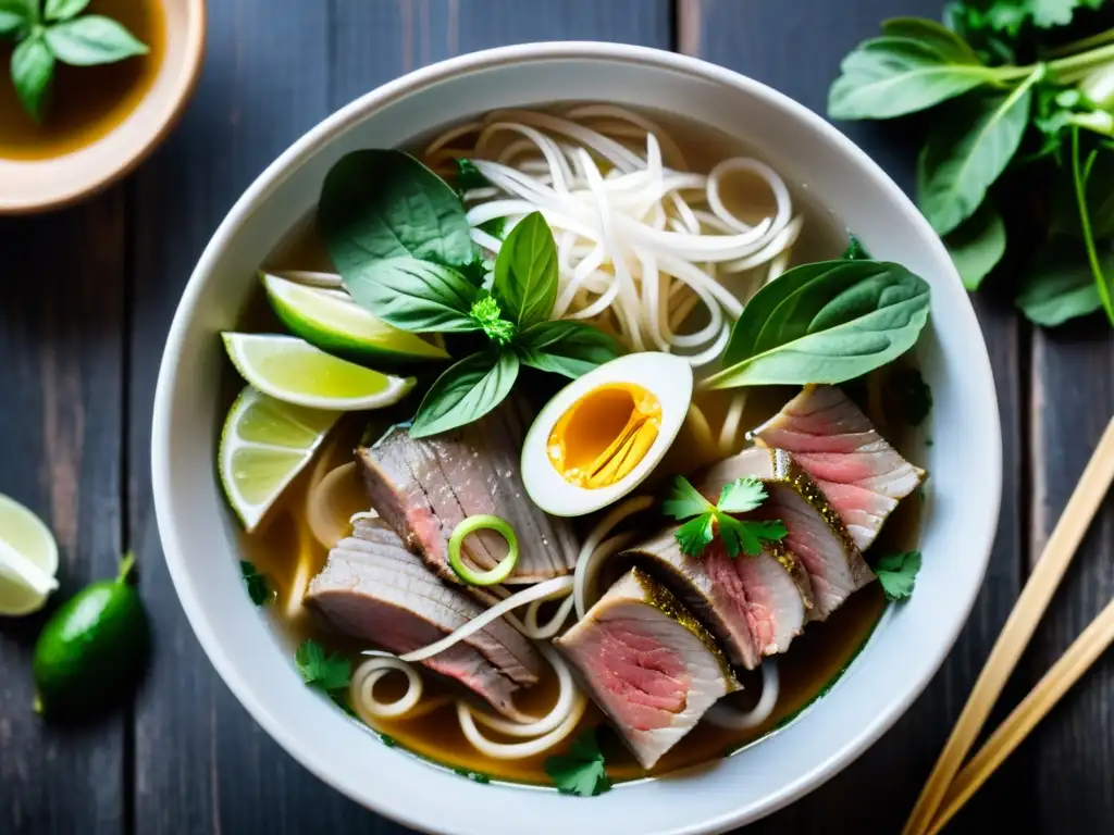 Una deliciosa y reconfortante sopa vietnamita pho, con fideos, carne y hierbas frescas