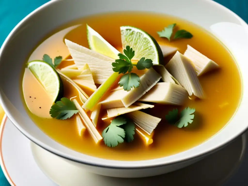 Una deliciosa sopa de lima mexicana, con limón, pollo y tiras de tortilla, en un ambiente cálido y acogedor