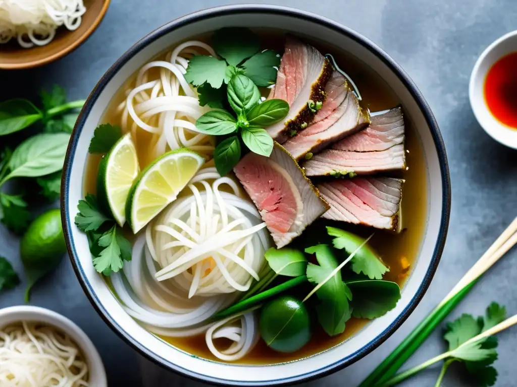 Una deliciosa sopa vietnamita pho con ingredientes frescos y aromáticos