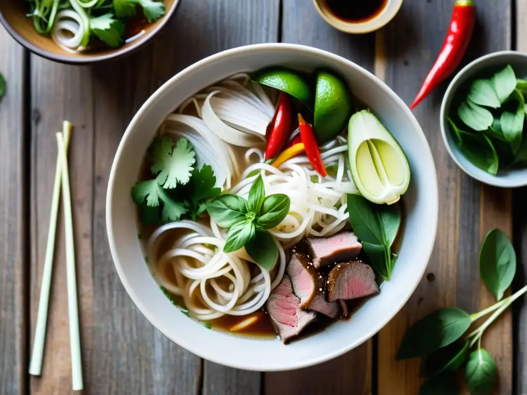 Una deliciosa sopa vietnamita pho con fideos de arroz, carne tierna y hierbas frescas, sobre una mesa rústica