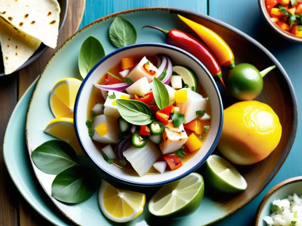 Delicioso ceviche del Pacífico con influencia occidental, resaltando sabores y colores en escenario costero