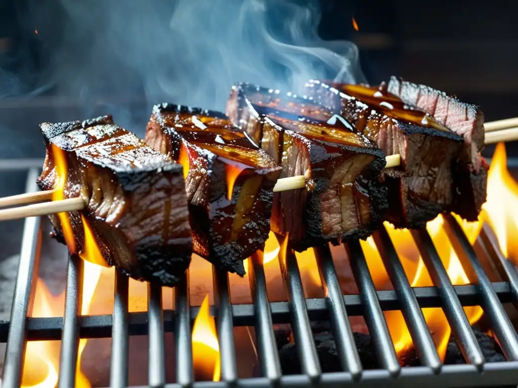 Un delicioso churrasco brasileño cocinándose a la parrilla, evocando la tradición de asado alrededor del mundo