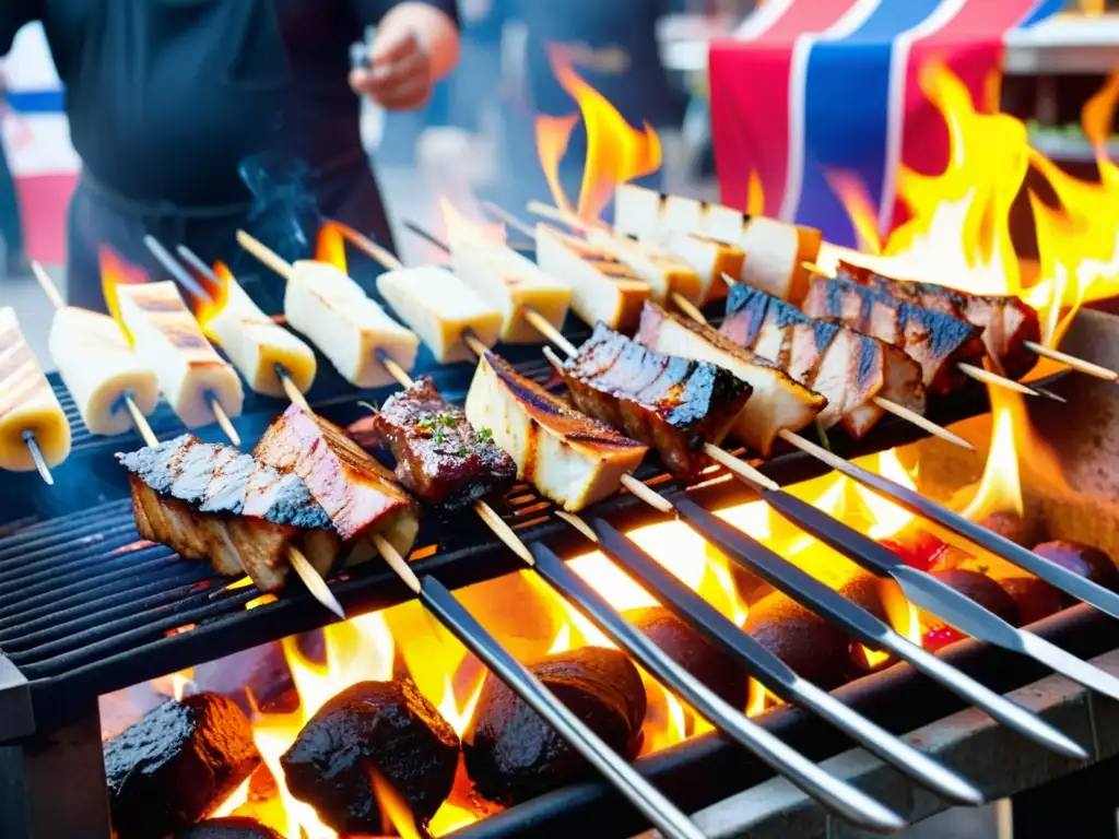 Un delicioso pincho de cerdo se cocina a la parrilla en las Fiestas de la Calle San Sebastián en Puerto Rico, entre banderas y una animada multitud