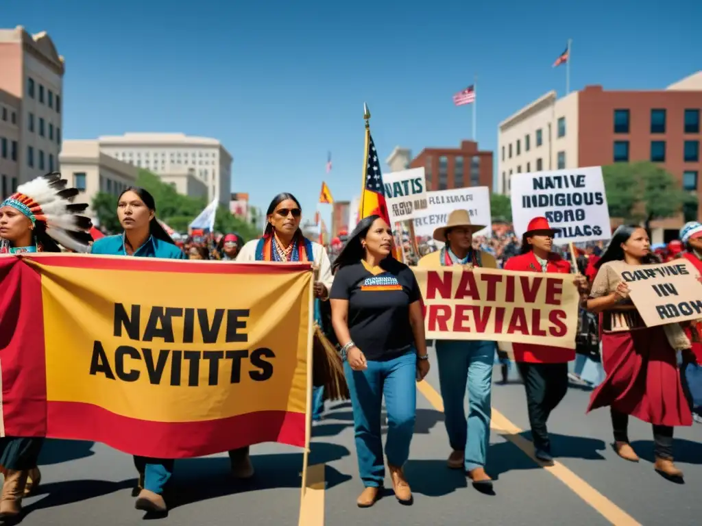 Derechos culturales de los nativos americanos: Activistas nativos marchan con determinación, exhibiendo símbolos culturales y pancartas en protesta