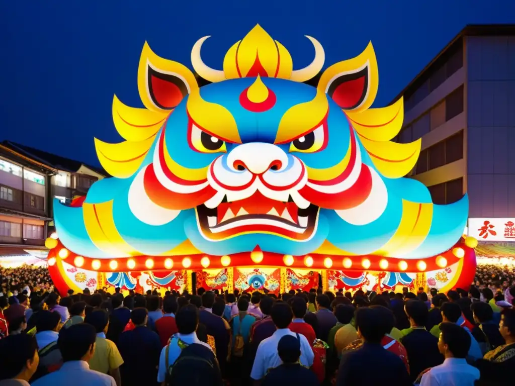 Un desfile animado de Nebuta Matsuri en Aomori City, con una carroza colorida y figuras tradicionales, rodeada de festivaleros entusiastas