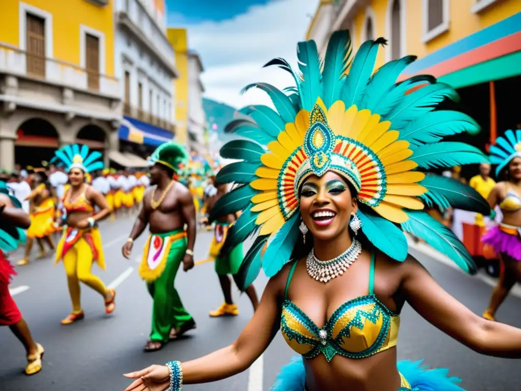 Desfile de Carnaval en Río de Janeiro, con diseñadores que incorporan festividades mundiales en coloridos trajes y bailes exuberantes