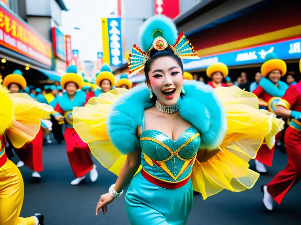 Desfile colorido del Carnaval de Samba de Asakusa en Tokio, con bailarines y espectadores vibrantes y llenos de energía