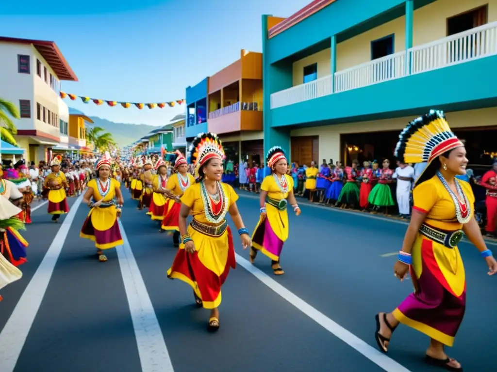 Desfile colorido de danzas tradicionales en una bulliciosa calle urbana, mostrando el impacto de la urbanización en comunidades del Pacífico