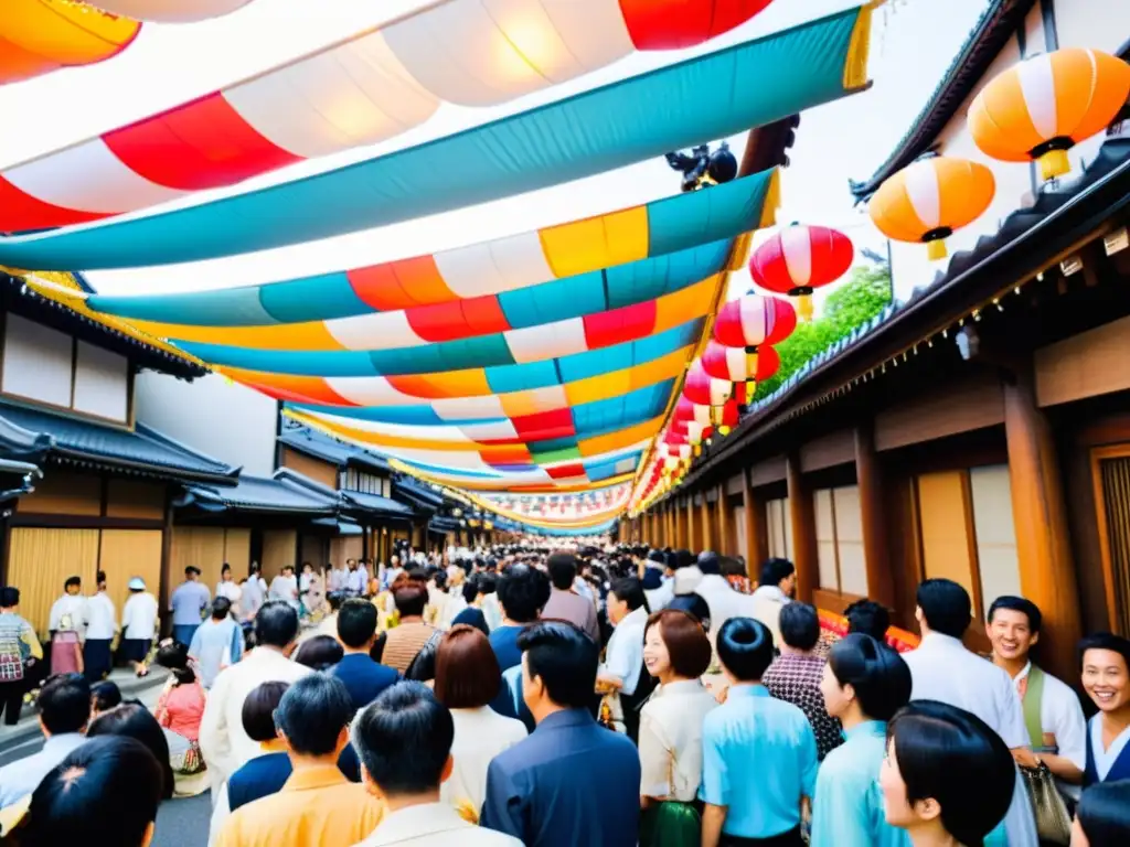 Desfile colorido del Festival Gion Matsuri en las calles de Kioto, Japón, con carros tradicionales y gente vestida de manera tradicional