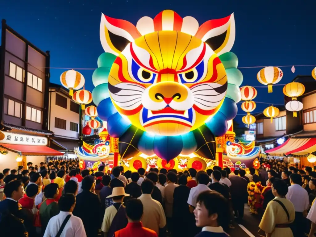 Desfile colorido de Nebuta Matsuri en Aomori, Japón, con faroles japoneses iluminando el cielo nocturno