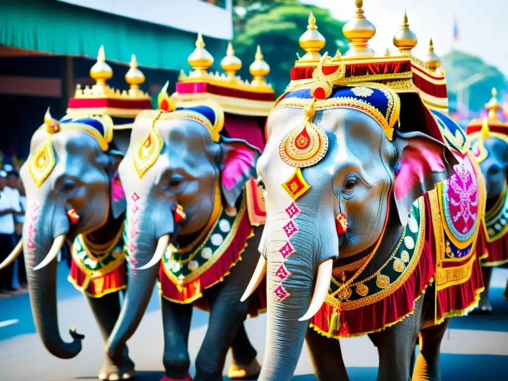 Desfile de elefantes decorados en el Festival Surin Tailandia, con vibrantes telas y patrones