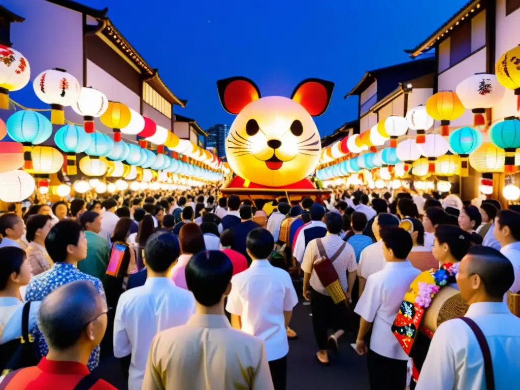 Desfile de floats iluminados por luces LED en un Matsuri japonés con adaptación festivales tradicionales japoneses