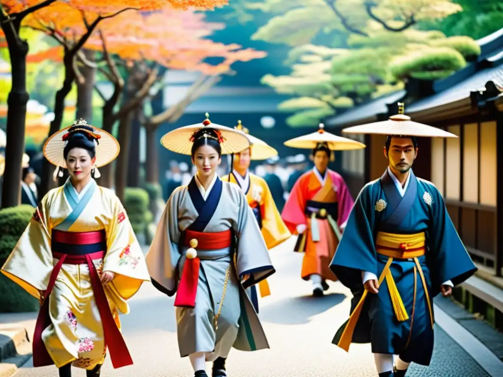 Desfile histórico Jidai Matsuri Kioto: Procesión de trajes históricos en las calles de Kioto, resplandeciendo bajo la suave luz del sol