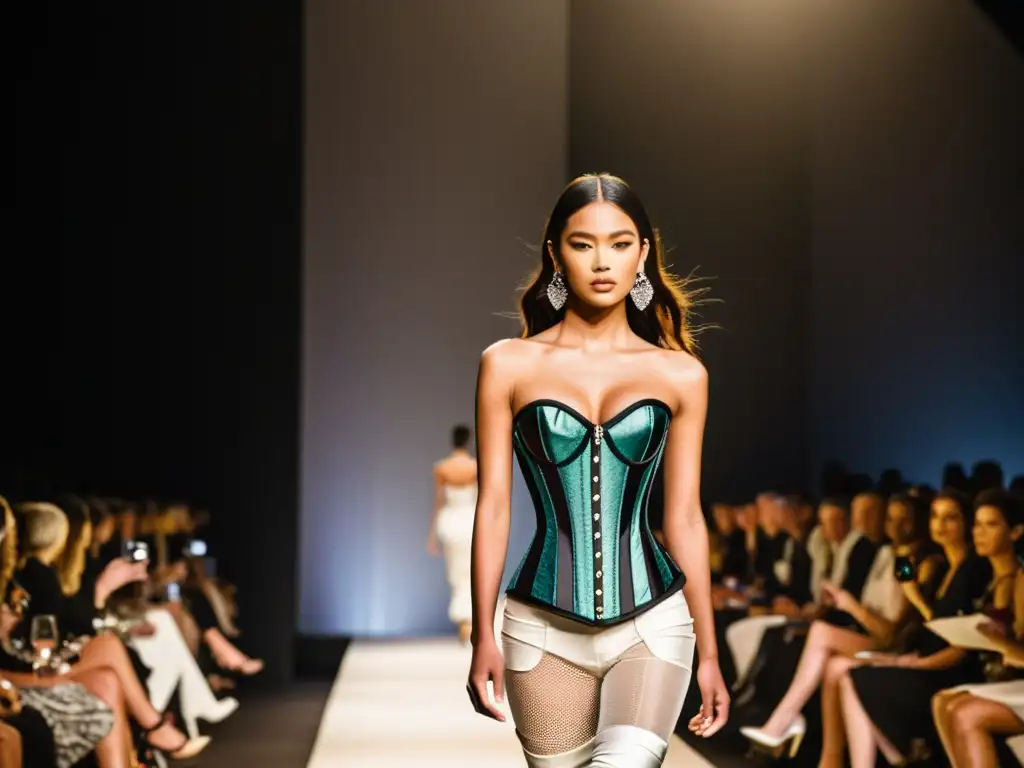 Desfile de moda con corsets contemporáneos Desfile de moda actual con modelos luciendo regreso corsets en diferentes estilos y colores, transmitiendo empoderamiento e individualidad