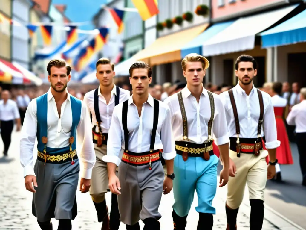 Desfile de moda actual en Múnich con lederhosen tradicionales y toques modernos, reflejando la evolución de la tradición bávara en la moda