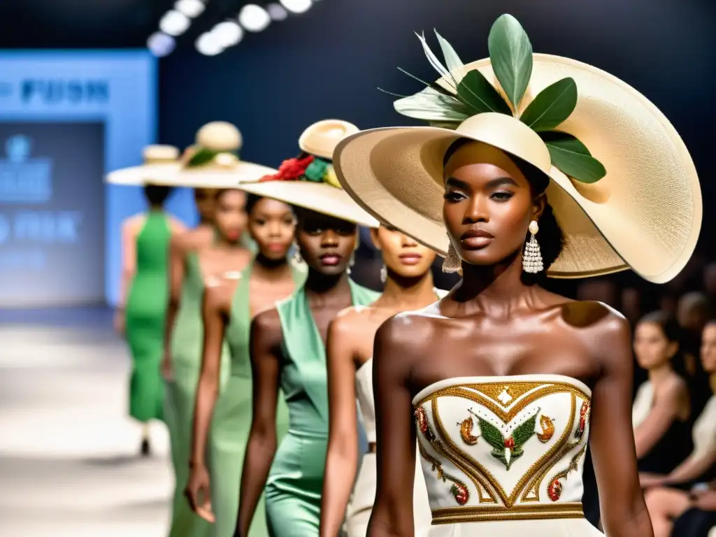 Desfile de moda de alta gama con sombreros tradicionales, modelos y espectadores impresionados por la fusión de tradición y estilo