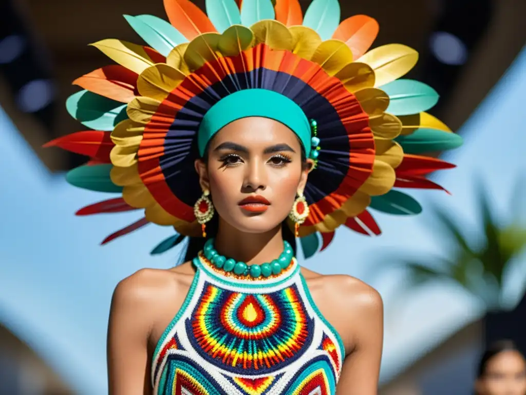 Desfile de moda con significación cultural, tocados mexicanos vibrantes y modelos seguros en pasarela