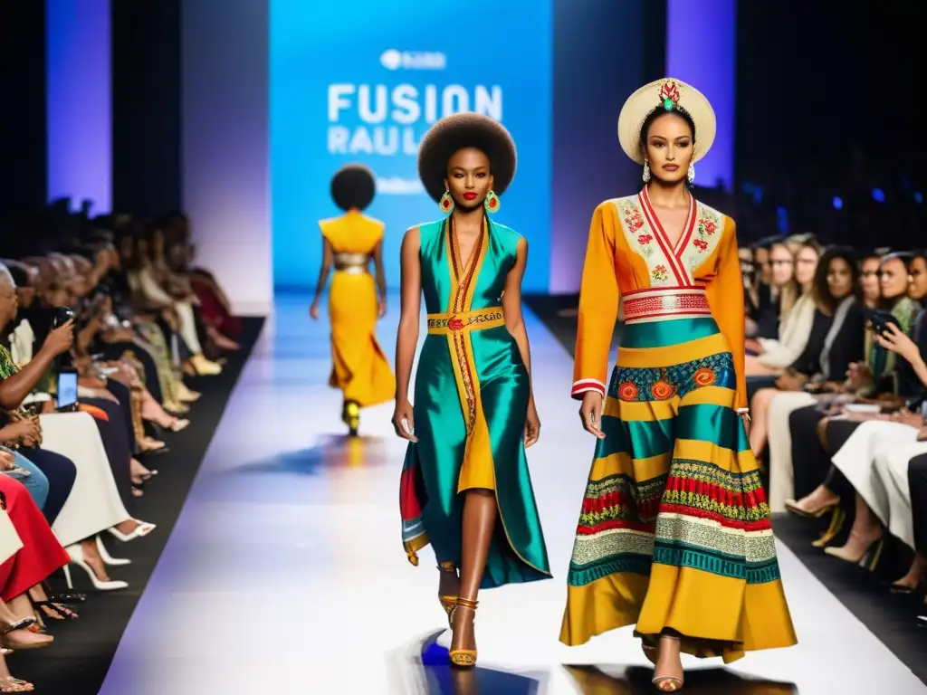 Un desfile de moda étnica en la industria global, fusionando tradición y modernidad con modelos seguros y una audiencia cautivada