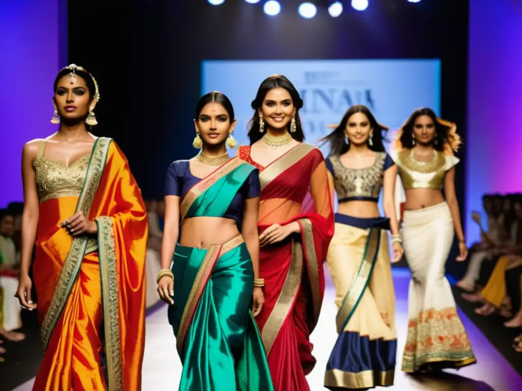 Desfile de moda étnica india con vibrantes colores y elegantes diseños, fusionando tradición y tendencias extranjeras