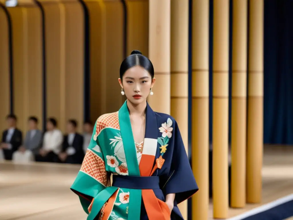 Desfile de moda con influencia japonesa en diseño occidental, prendas con patrones y siluetas de kimono y elementos de diseño minimalista japonés