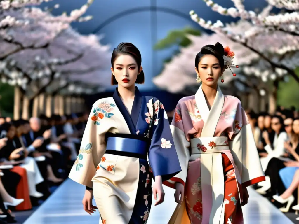 Desfile de moda con influencia japonesa en moda occidental, modelos con kimonos y diseño contemporáneo, bajo cerezos en flor y arquitectura japonesa