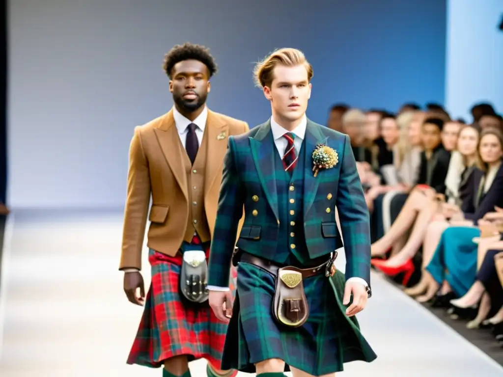 Desfile de moda escocesa contemporánea Desfile de moda inspirado en Escocia con modelos luciendo diseños contemporáneos de tartán y tweed, en un ambiente auténtico y cautivador