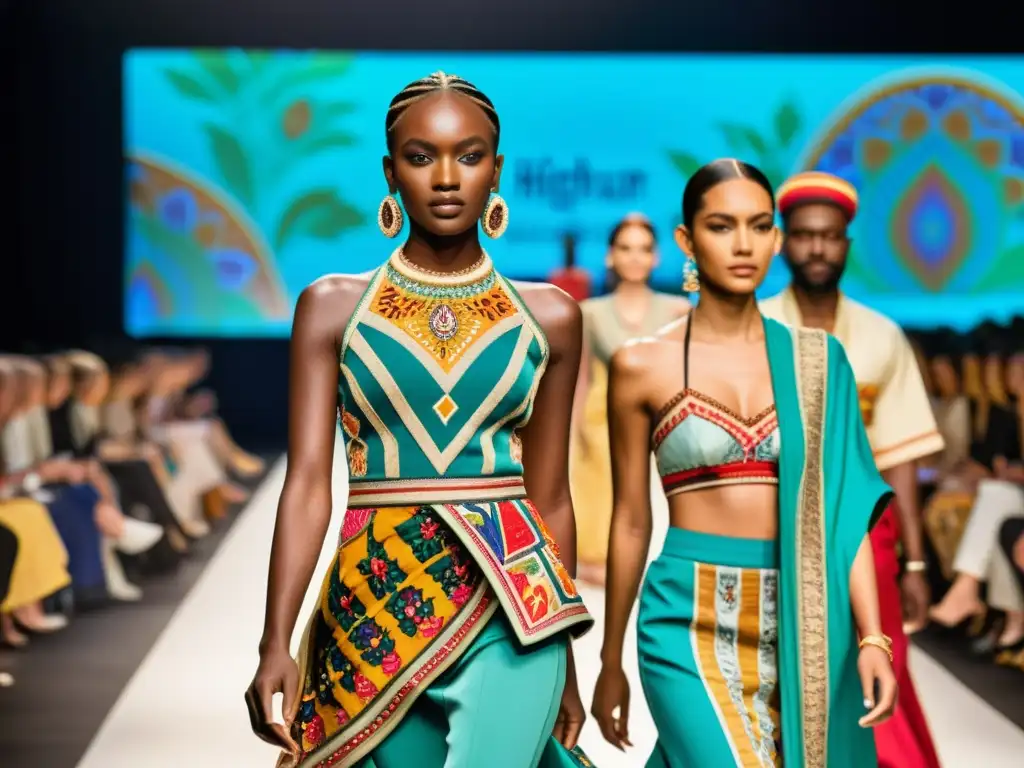 Desfile de moda intercultural y diálogo global: modelos lucen atuendos diversos en una pasarela vibrante, mientras el público expresa admiración