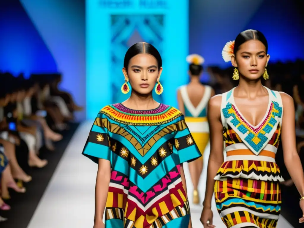 Desfile de moda internacional con huipiles mayas modernos, fusionando tradición e innovación en la pasarela