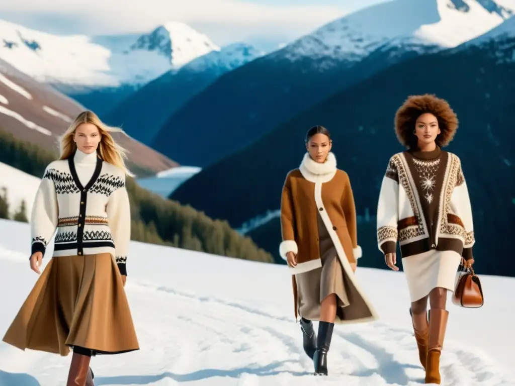 Desfile de moda invernal con inspiración nórdica en la nieve, prendas sostenibles en tonos naturales y tejidos cálidos