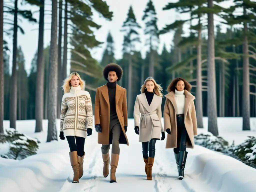 Desfile de moda invernal con inspiración nórdica, modelos visten prendas modernas en un bosque nevado