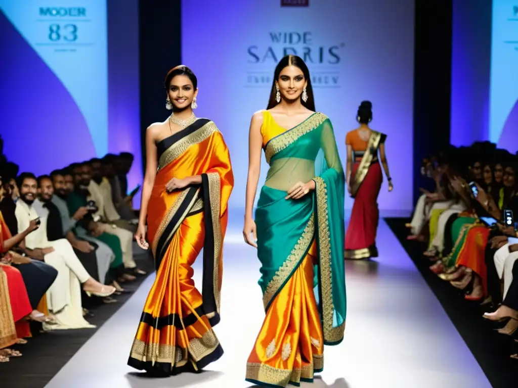 Desfile de moda con modelos luciendo una colección de saris fusionados con tendencias occidentales, capturando el renacimiento de la moda india