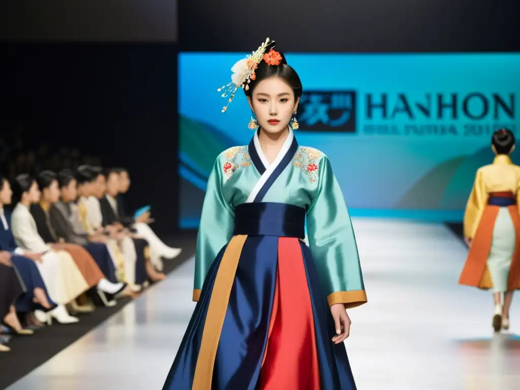 Desfile de moda con modelos luciendo la reinterpretación del Hanbok en moda, fusionando lo tradicional con lo moderno en elegantes diseños