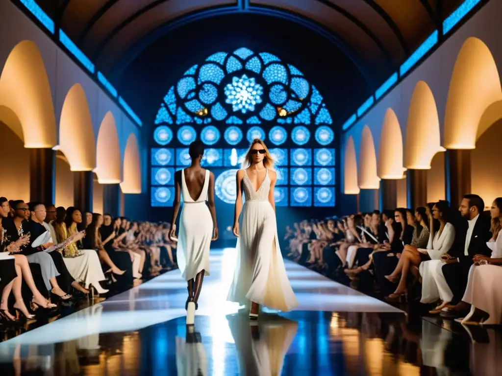 Desfile de moda con modelos en prendas blancas etéreas, fusionando espiritualidad en la moda contemporánea